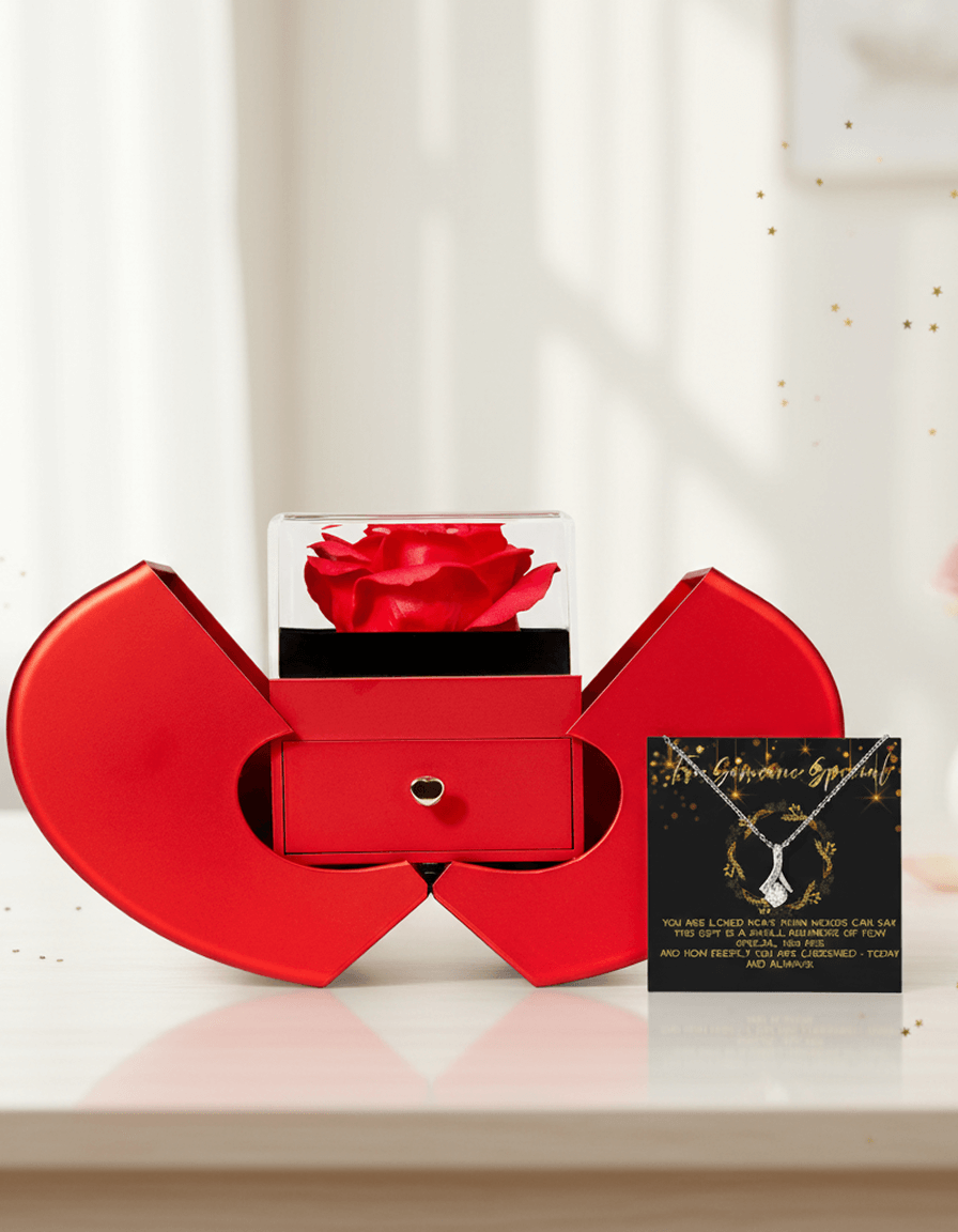 Alluring Beauty Necklace – Red Heart Rose Box & Message Card