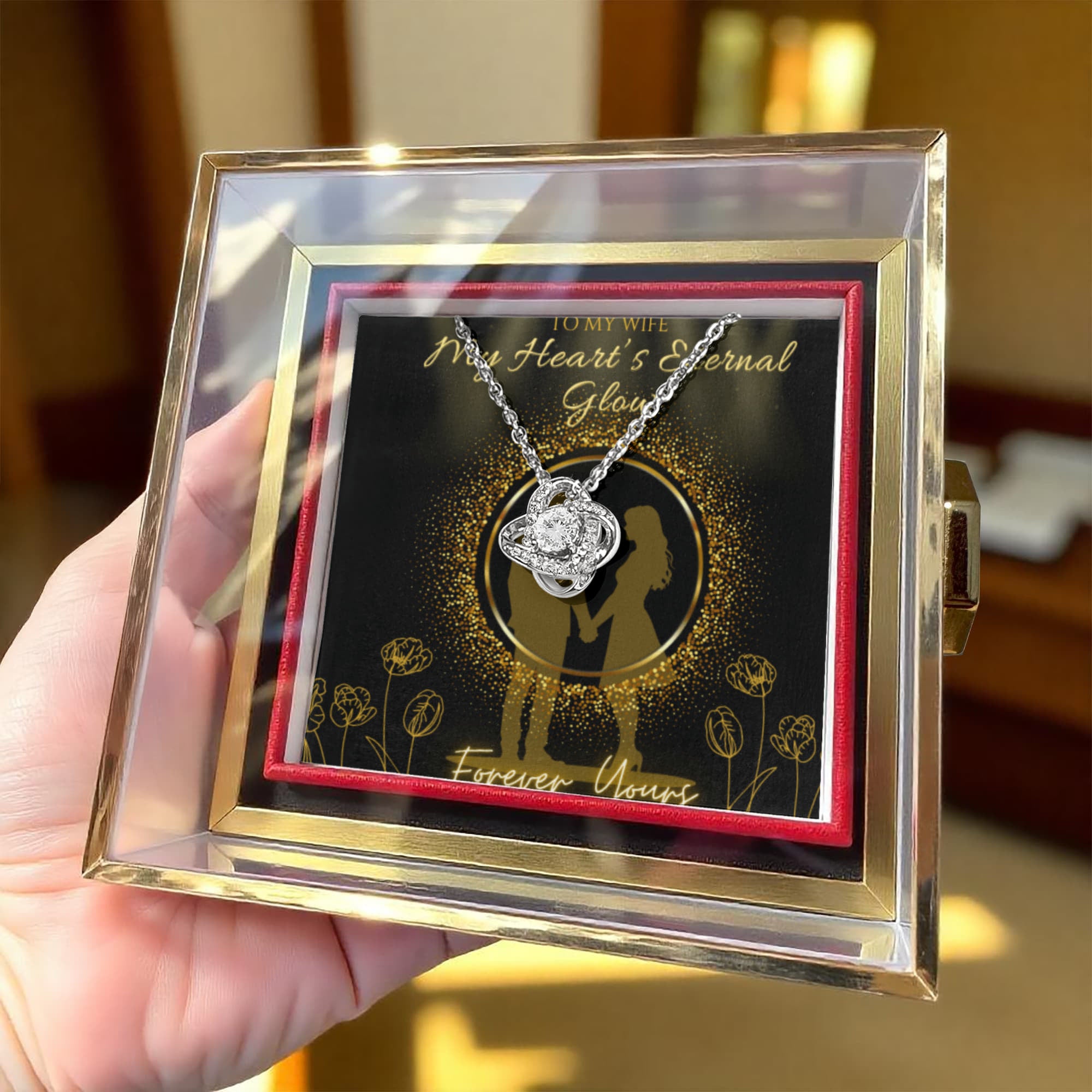 Love Knot Necklace with Rotating Rose Gift Box – Gift for Wife