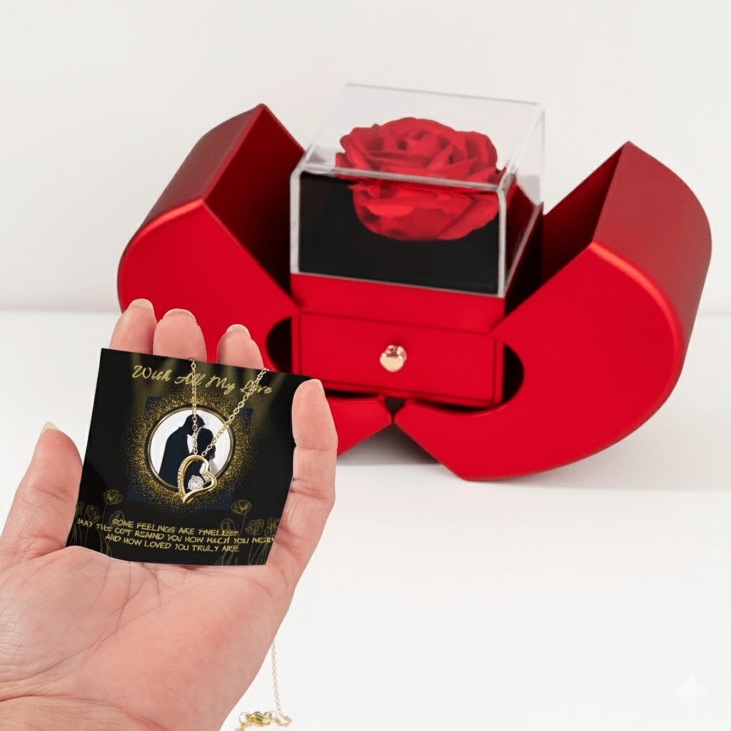 Forever Love Necklace — Red Heart Rose Box with Message Card