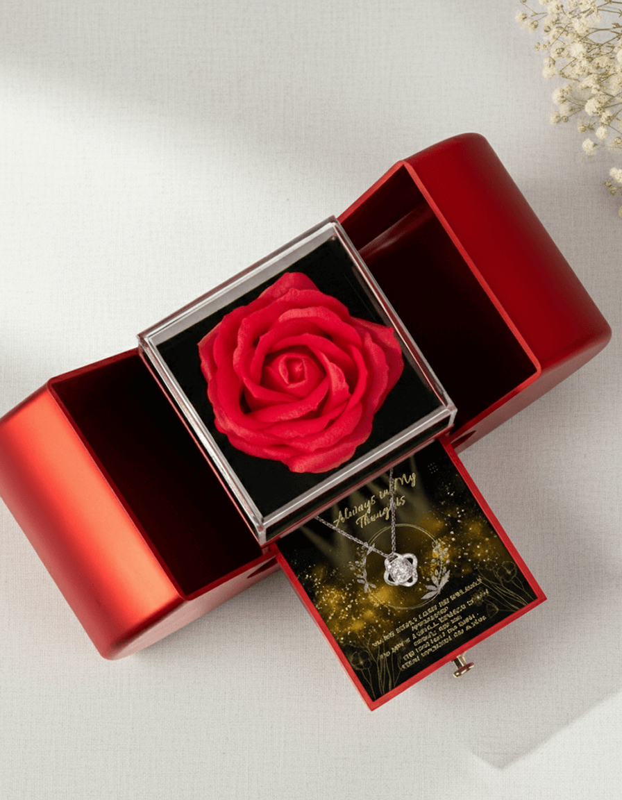 Love Knot Necklace — Red Rose Box & Message Card